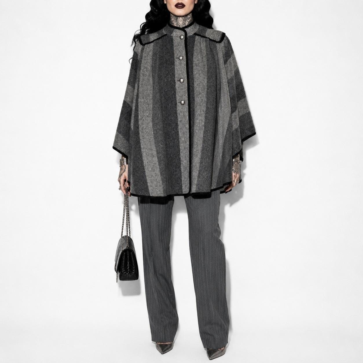 70s Vintage Striped Wool Cape Womens L Grey Mock Neck Black Trim Military Alorna